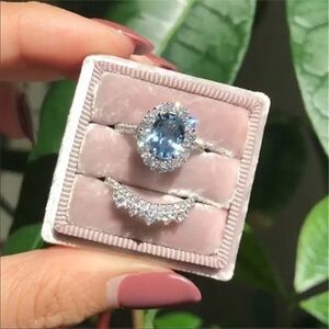 2 pc light blue silver fashion ring set